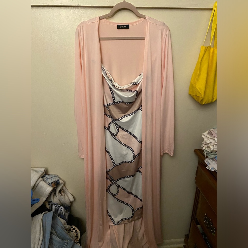 Mid length strapless dress with a full length cardigan